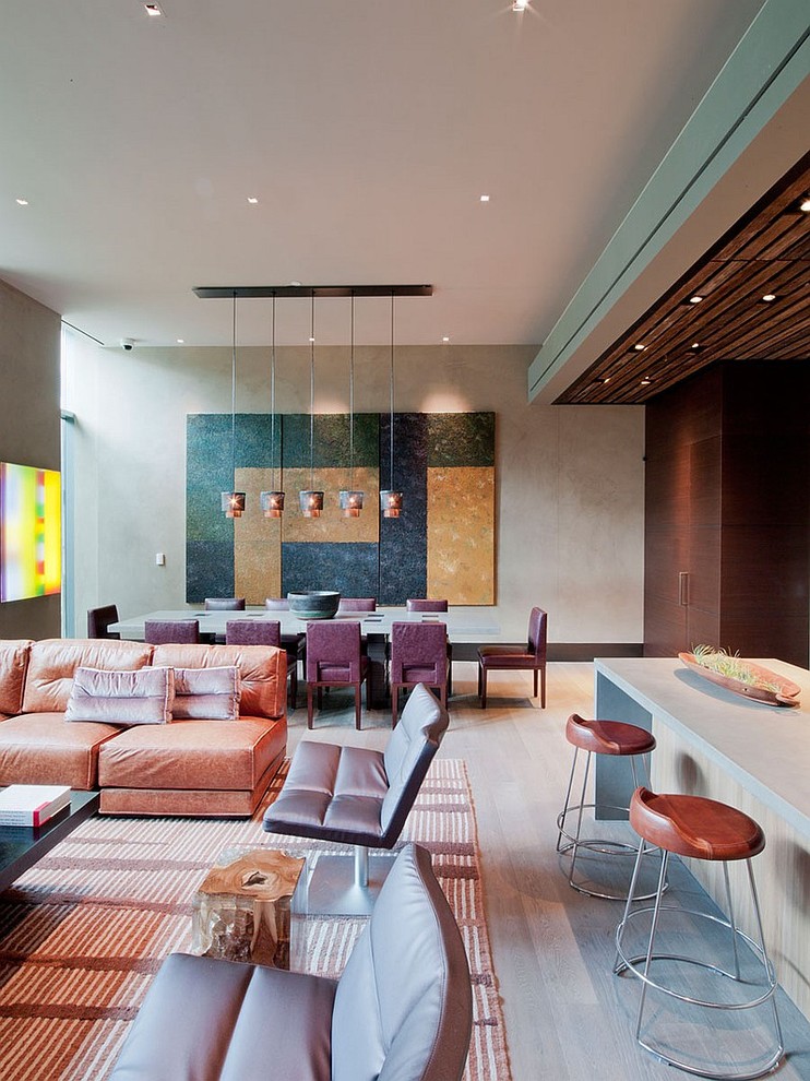 Mittelgroßes, Repräsentatives, Offenes Modernes Wohnzimmer mit hellem Holzboden in Toronto