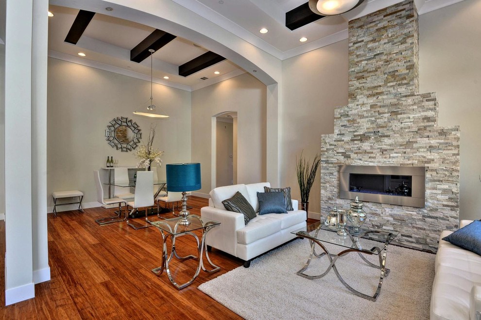 Trendy living room photo in San Francisco with a stone fireplace
