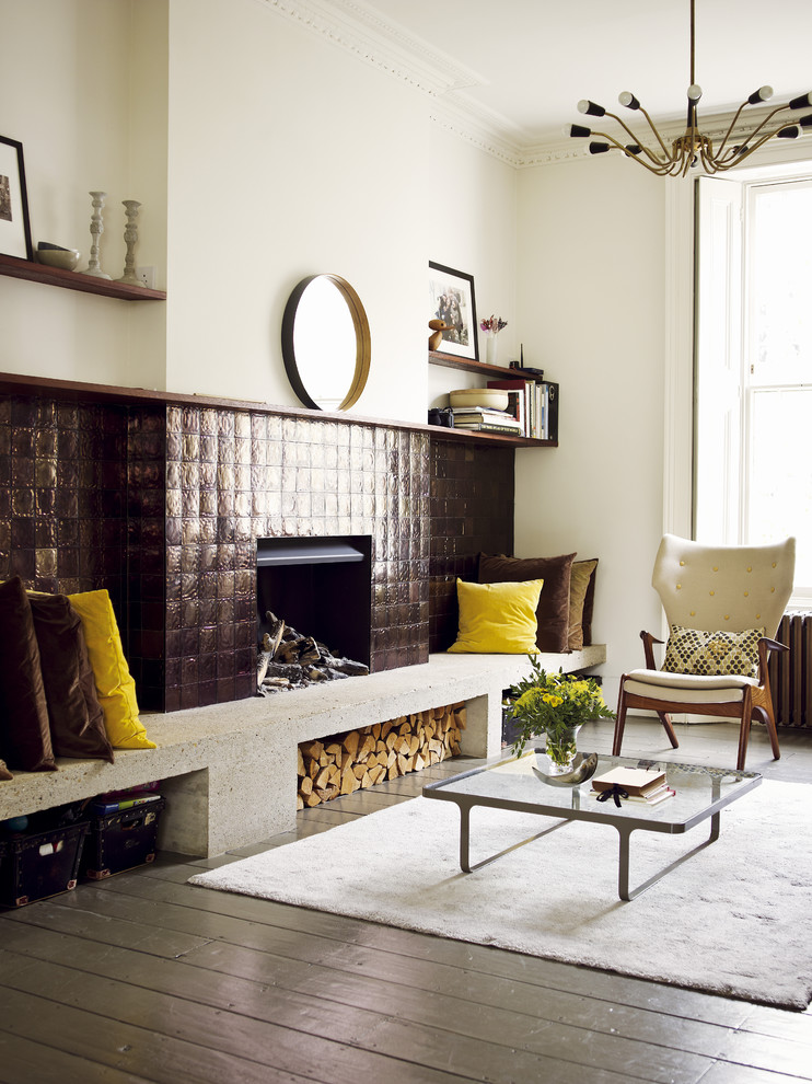 Example of a trendy living room design in London with a tile fireplace