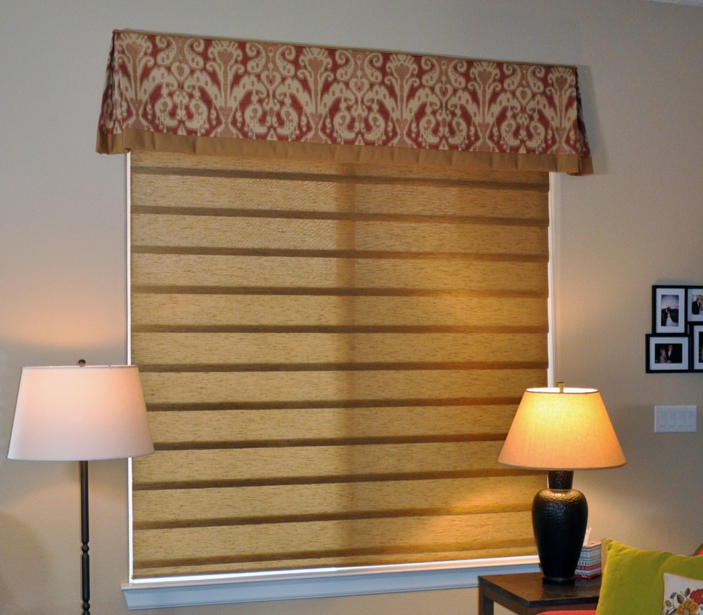 Red and Gold Valance with Silk Roman Shade Traditional Living Room