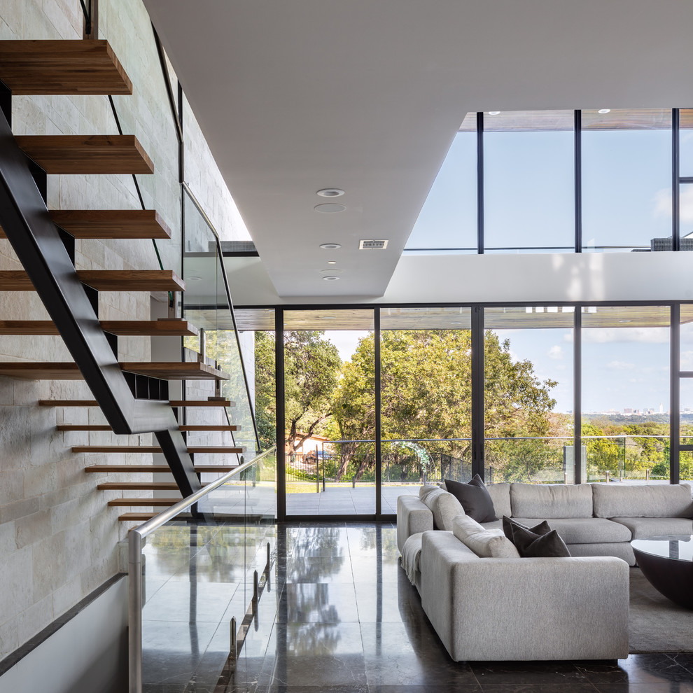Ispirazione per un grande soggiorno minimal aperto con sala formale, pavimento in marmo e pavimento grigio