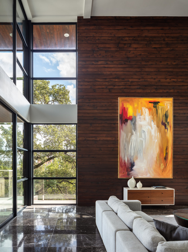 Großes, Repräsentatives Modernes Wohnzimmer mit Marmorboden und schwarzem Boden in Austin