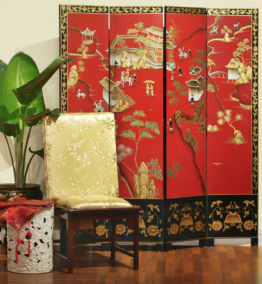 Inspiration för ett mellanstort orientaliskt separat vardagsrum, med gröna väggar och ljust trägolv