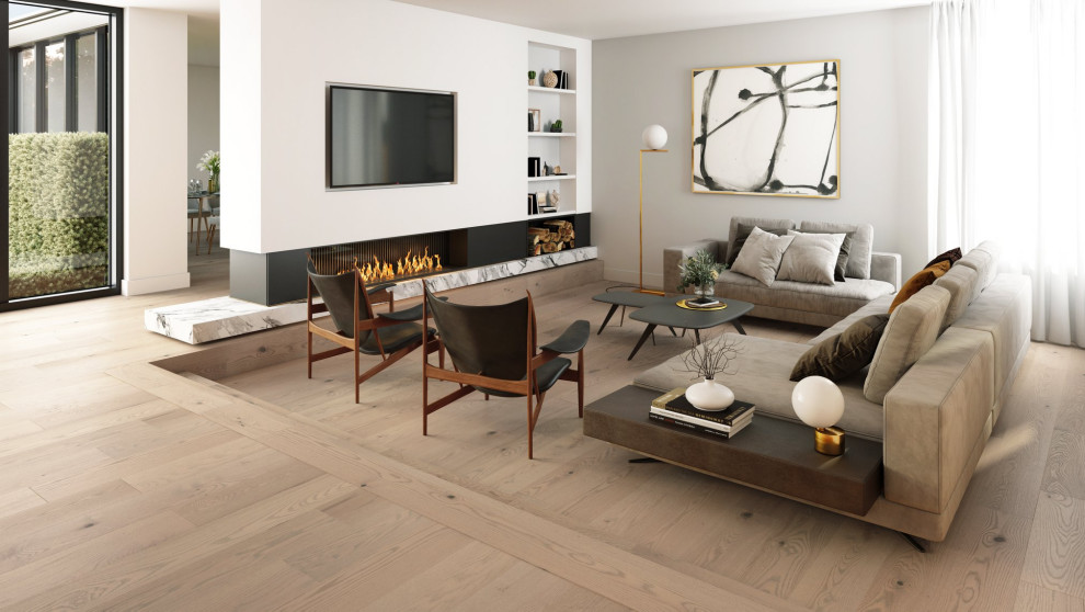 Idee per un soggiorno scandinavo con parquet chiaro e pavimento beige