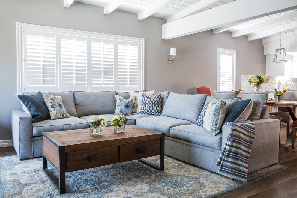 Living room - mid-sized coastal open concept medium tone wood floor living room idea in Los Angeles with gray walls