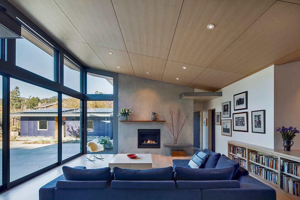Großes, Offenes Modernes Wohnzimmer mit beiger Wandfarbe, hellem Holzboden, Kamin und Kaminumrandung aus Beton in San Francisco