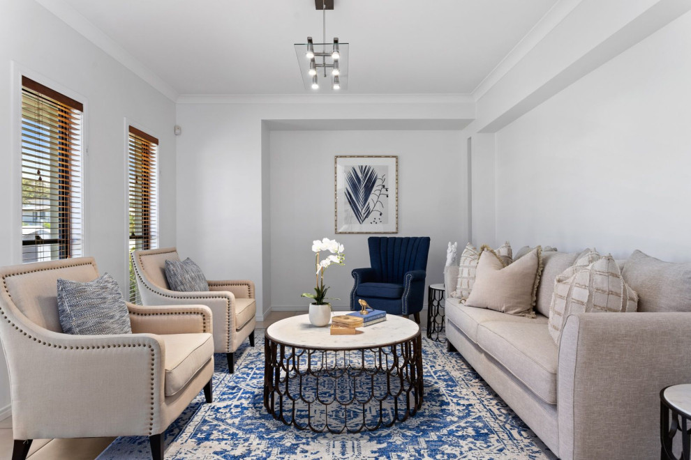 Foto di un soggiorno contemporaneo di medie dimensioni e aperto con sala formale, pareti bianche, pavimento in gres porcellanato e pavimento beige