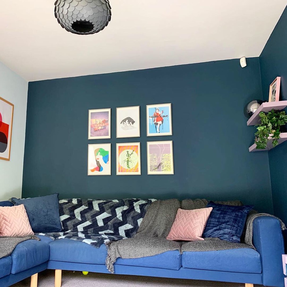 Design ideas for a medium sized bohemian enclosed living room in Manchester with blue walls, carpet, no fireplace, a wall mounted tv and blue floors.