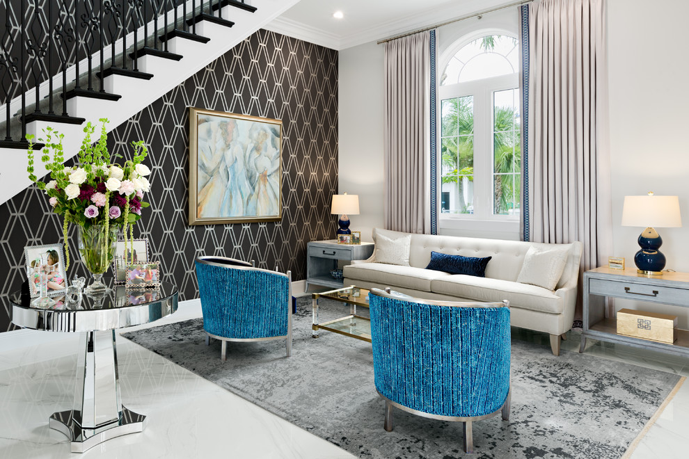 Example of a large transitional formal and open concept porcelain tile and white floor living room design in Tampa with no fireplace, no tv and multicolored walls