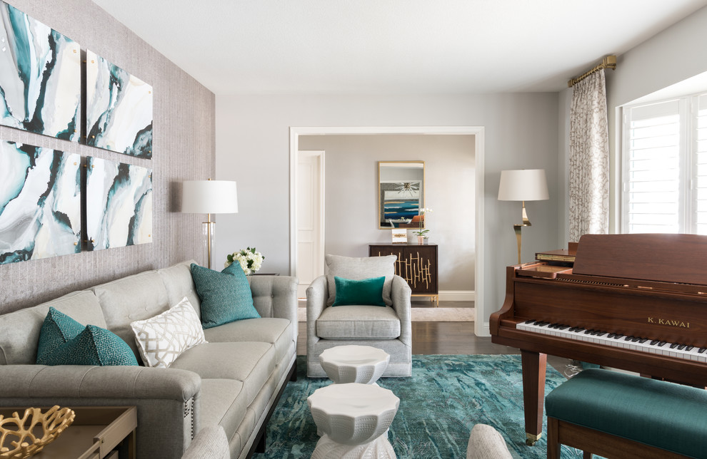 Photo of a medium sized traditional enclosed living room in Dallas with a music area, beige walls, medium hardwood flooring, no fireplace, no tv and brown floors.