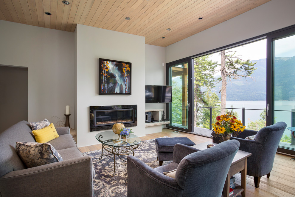 Trendy formal and enclosed light wood floor and beige floor living room photo in Vancouver with gray walls, a ribbon fireplace and a wall-mounted tv