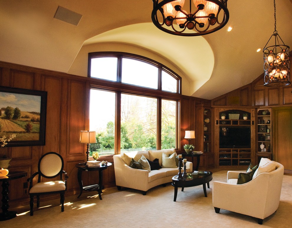 Inspiration for a large timeless formal and enclosed carpeted living room remodel in Minneapolis with no fireplace, brown walls and a media wall