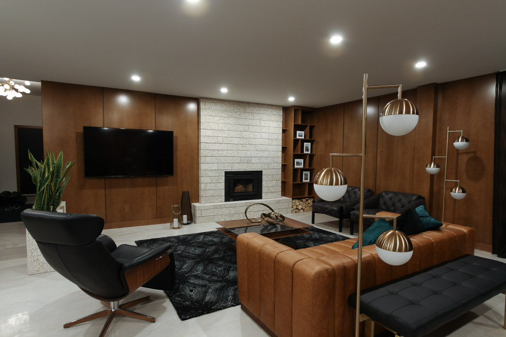 Inspiration for a large retro living room in Other with brown walls, porcelain flooring, a wood burning stove, a stone fireplace surround, a wall mounted tv and grey floors.