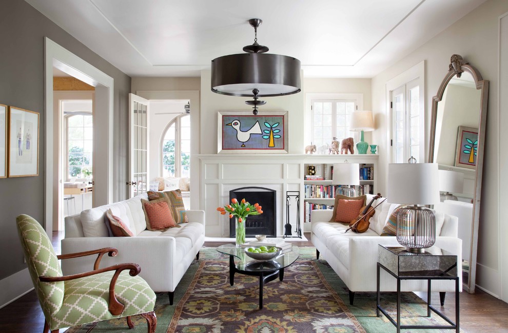 Example of a mid-sized trendy living room library design in Austin with gray walls