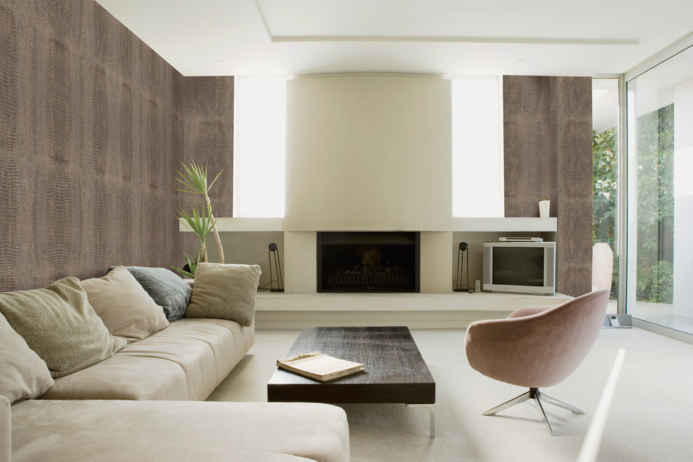 Idée de décoration pour un salon minimaliste avec un mur marron et moquette.
