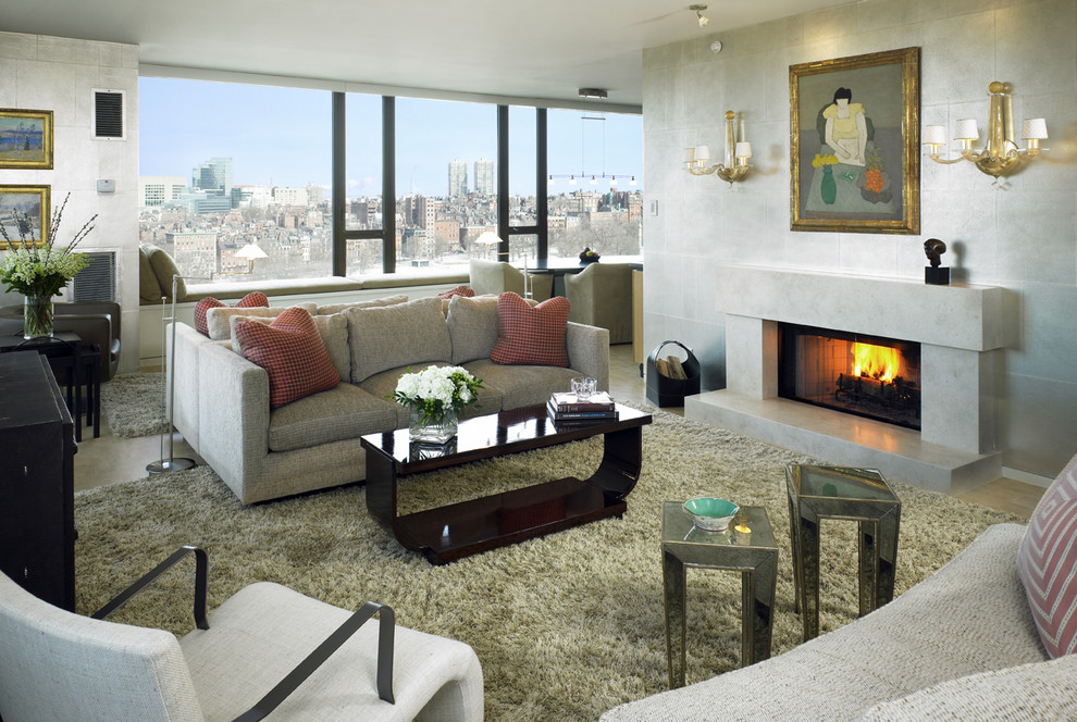 Design ideas for an expansive traditional living room in Boston with grey walls and a standard fireplace.