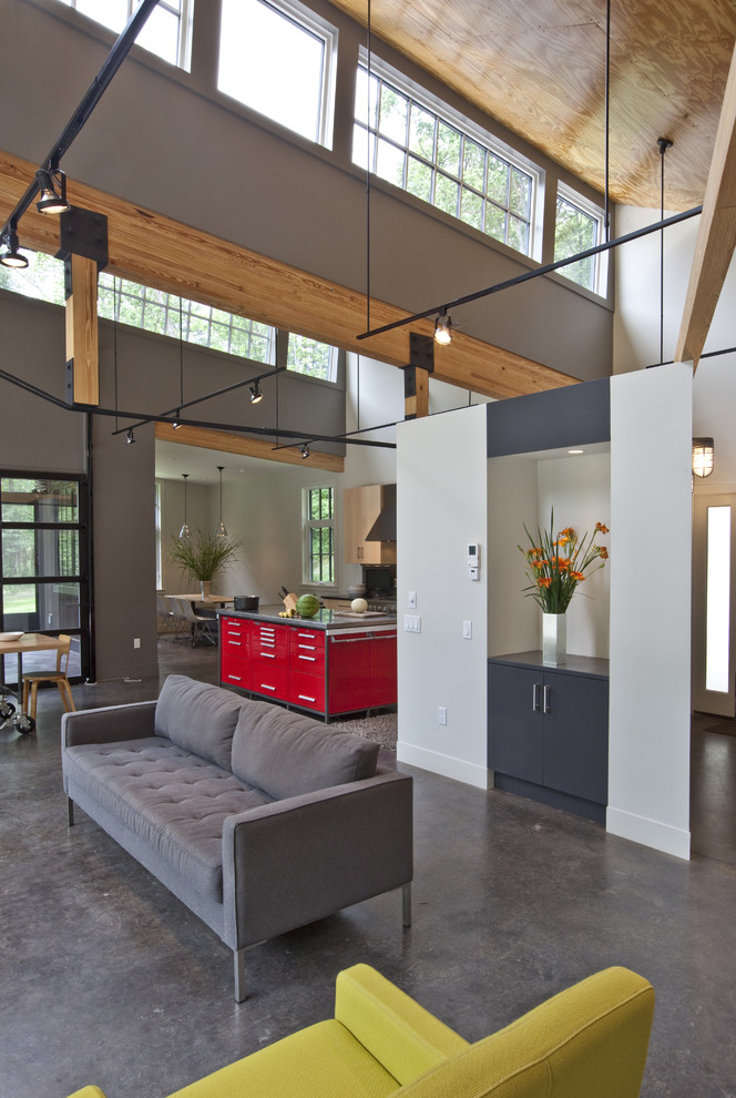 Источник вдохновения для домашнего уюта: гостиная комната в современном стиле с бетонным полом и серым полом