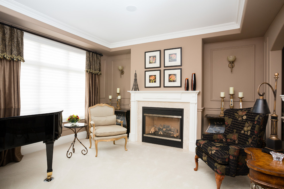 Example of a mid-sized classic formal and enclosed carpeted living room design in Toronto with beige walls, a standard fireplace and a concrete fireplace