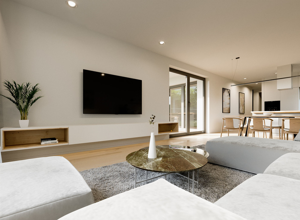 Diseño de salón para visitas abierto minimalista pequeño sin chimenea con paredes blancas, suelo vinílico, televisor colgado en la pared y suelo marrón