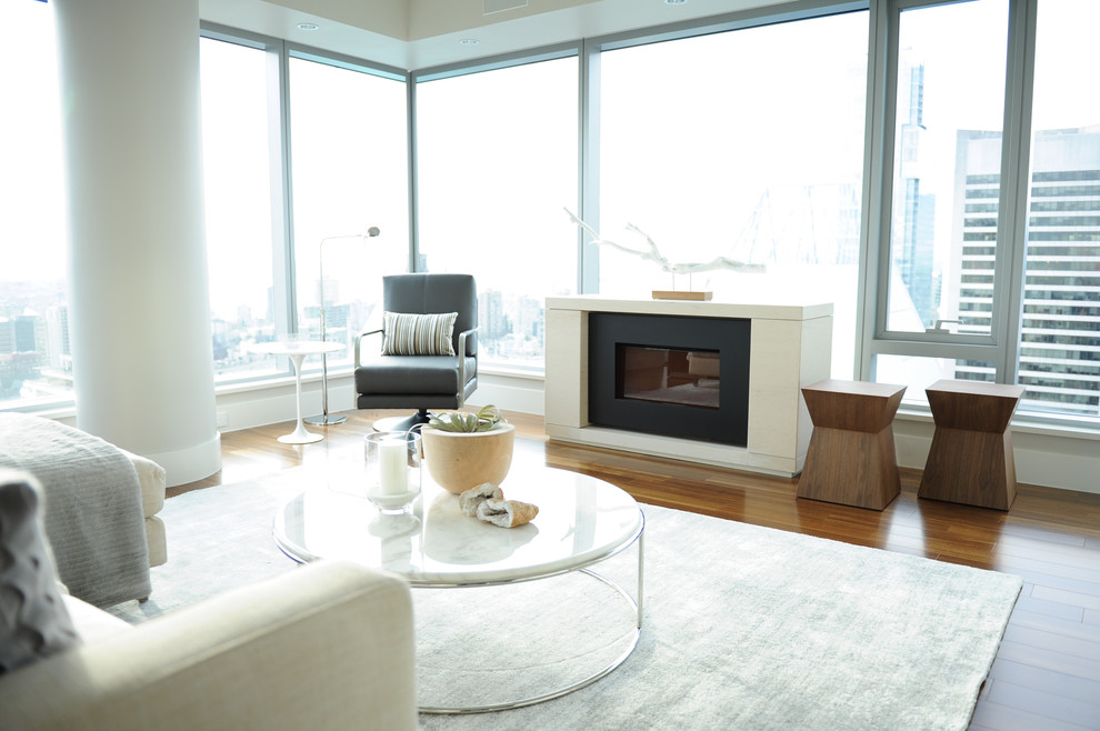 Foto di un soggiorno moderno di medie dimensioni e aperto con sala formale, pareti grigie e pavimento in legno massello medio