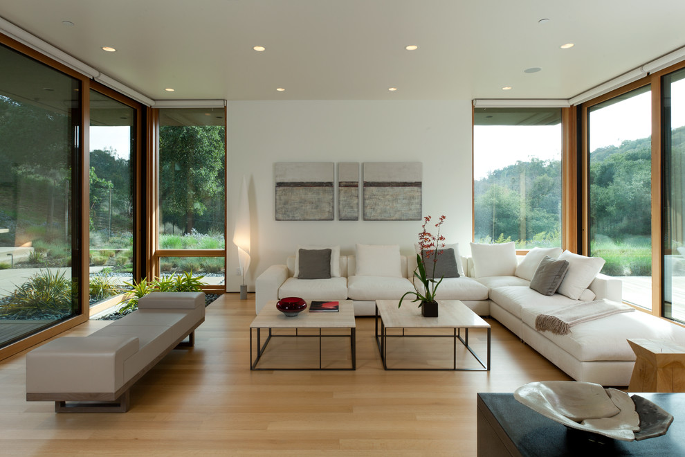 Aménagement d'un salon contemporain ouvert avec un mur blanc, parquet clair et un sol beige.