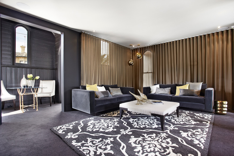 Large trendy carpeted living room photo in Melbourne