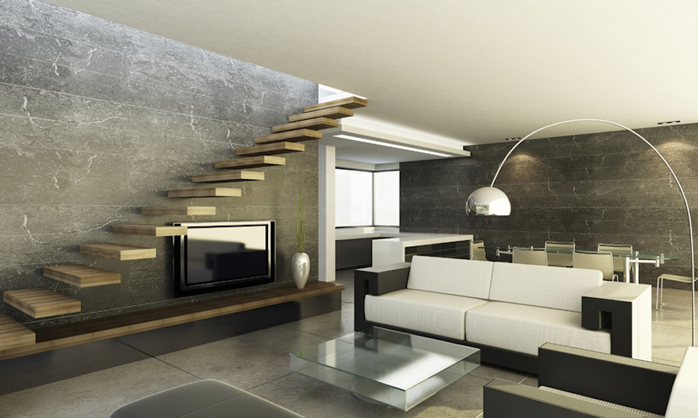 Diseño de salón para visitas abierto actual grande con suelo de cemento y televisor colgado en la pared