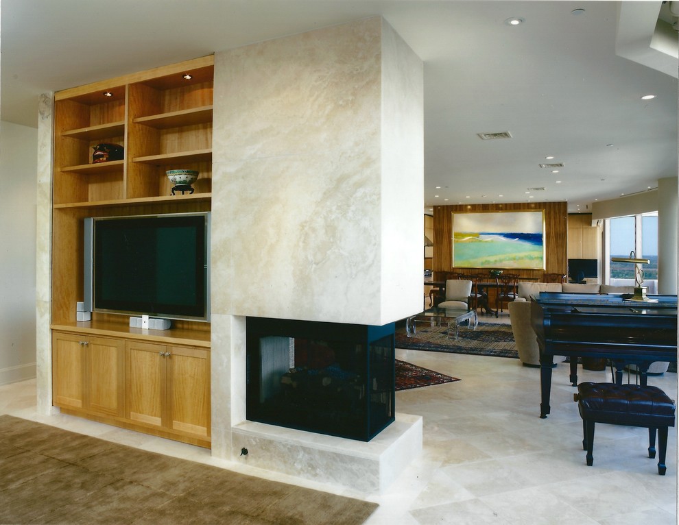 This is an example of a large contemporary formal open plan living room in Columbus with beige walls, marble flooring, a two-sided fireplace, a metal fireplace surround, a built-in media unit and white floors.
