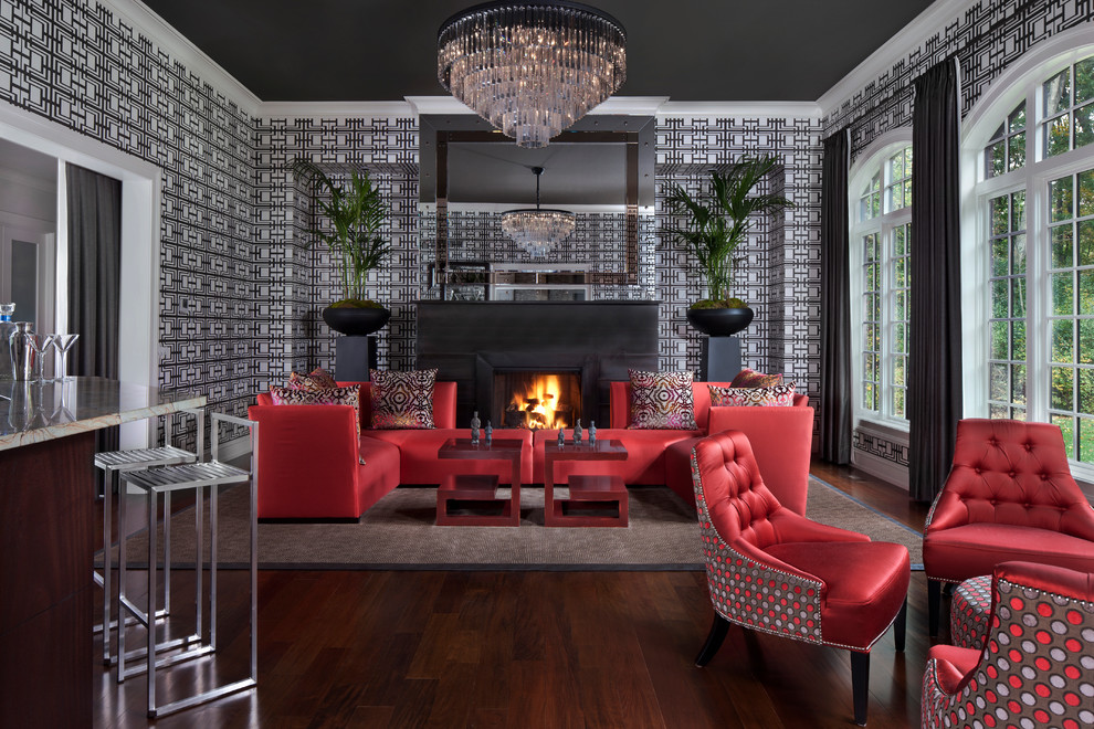 Inspiration for a contemporary open plan living room in Detroit with a home bar, multi-coloured walls, dark hardwood flooring and a standard fireplace.