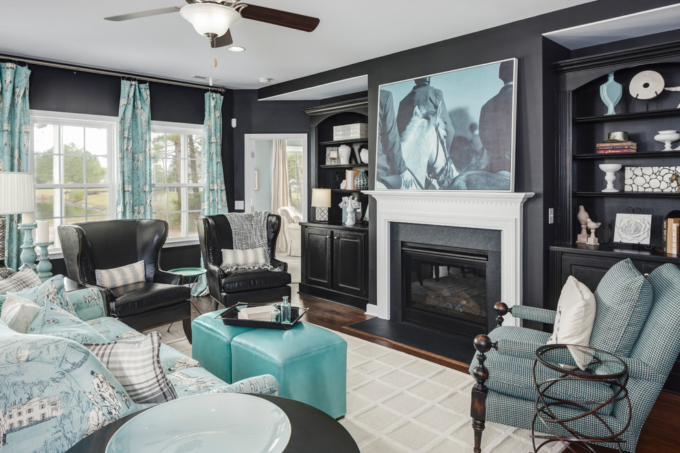 Inspiration for a transitional formal and enclosed dark wood floor living room remodel in Atlanta with black walls, a standard fireplace and no tv