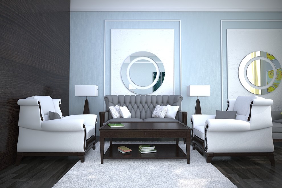 Foto di un piccolo soggiorno moderno aperto con sala formale, pareti blu, parquet scuro, nessun camino, TV autoportante e pavimento marrone