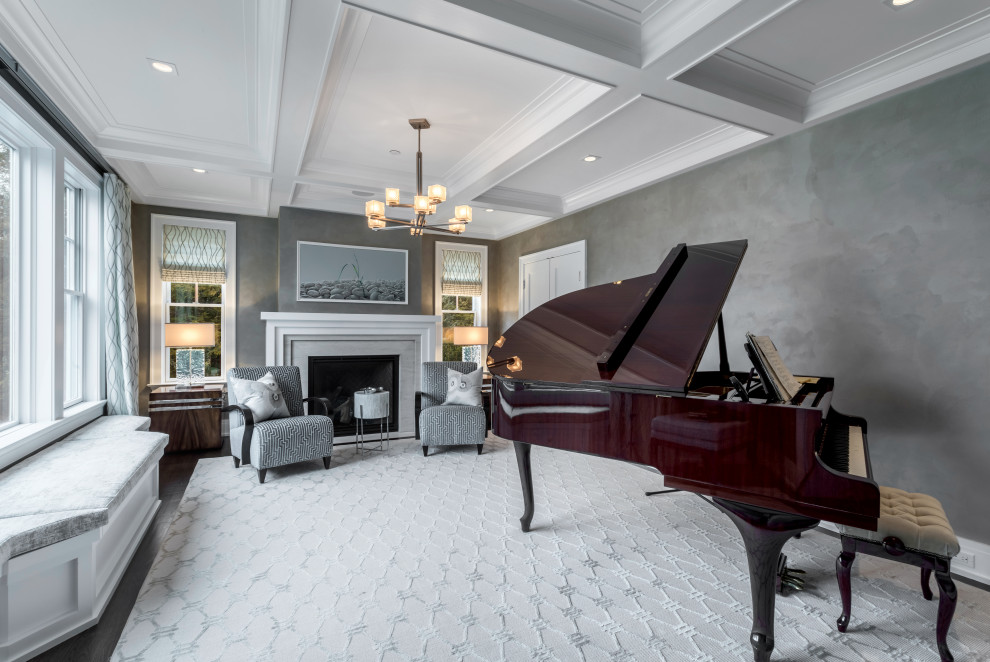 Transitional enclosed dark wood floor, brown floor, coffered ceiling and wallpaper living room photo in New York with a music area, gray walls, a standard fireplace and no tv