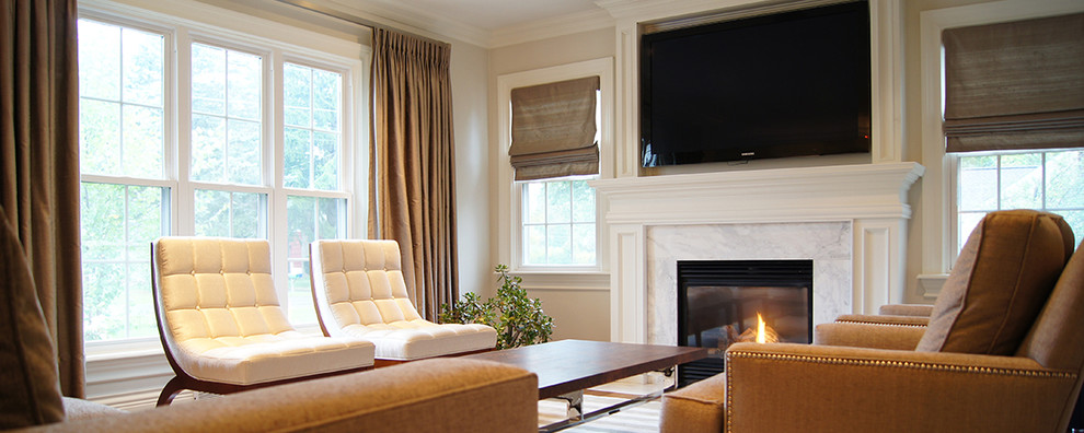 Example of a minimalist open concept medium tone wood floor living room design in Atlanta with white walls, a standard fireplace and a tile fireplace