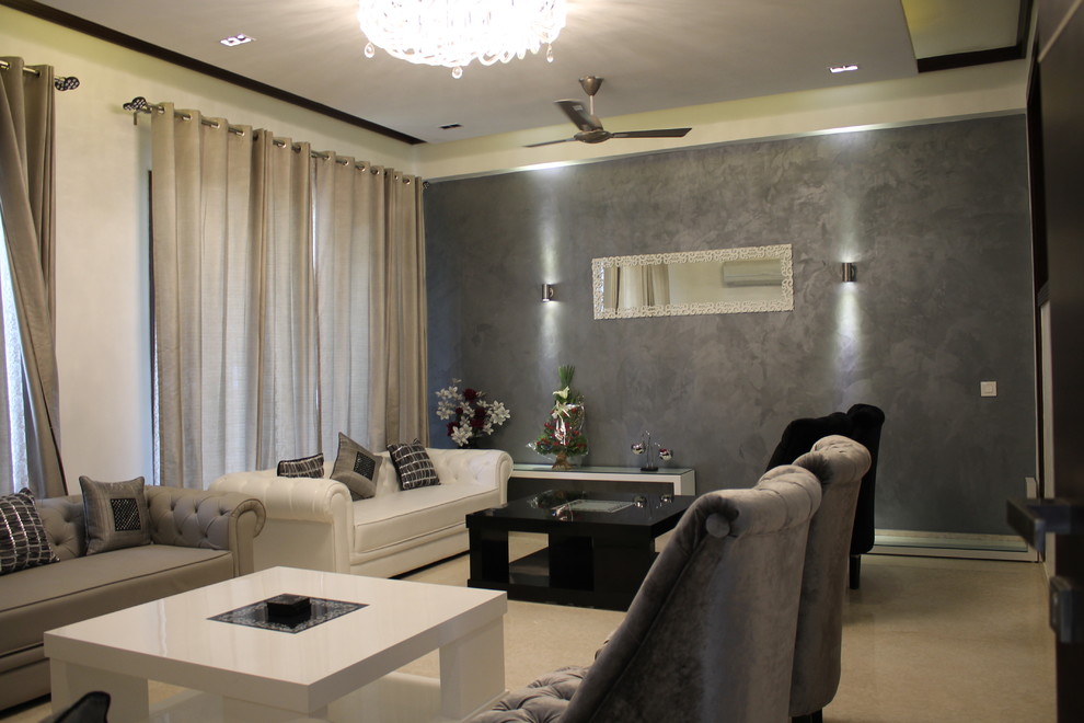 Идея дизайна: парадная, изолированная гостиная комната среднего размера в современном стиле с белыми стенами и мраморным полом без камина, телевизора