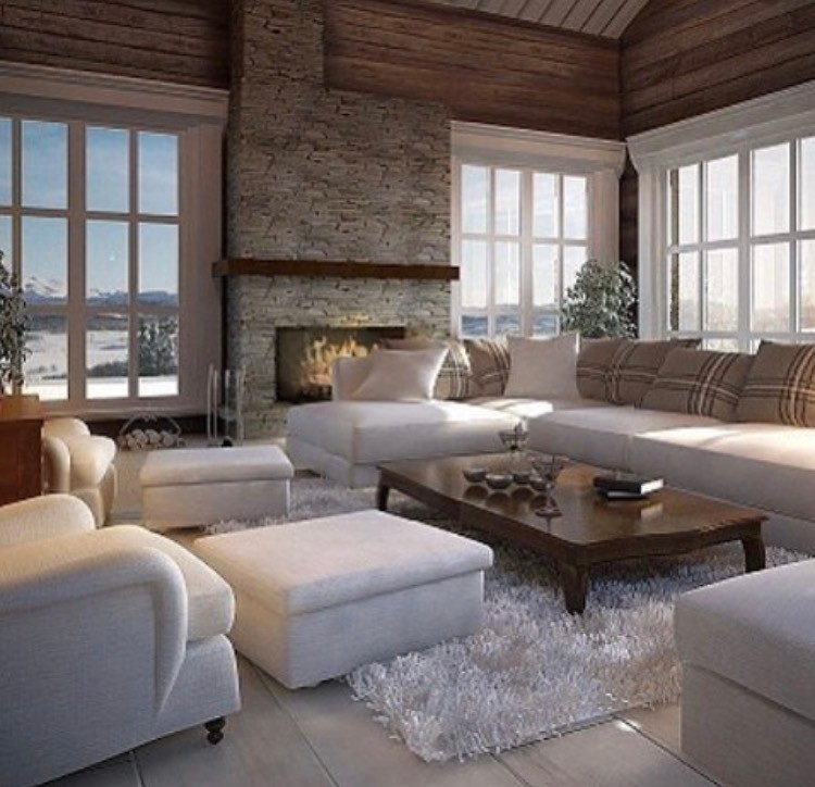 This is an example of a large rustic open plan living room in Other with brown walls, ceramic flooring, a ribbon fireplace, a stone fireplace surround and beige floors.