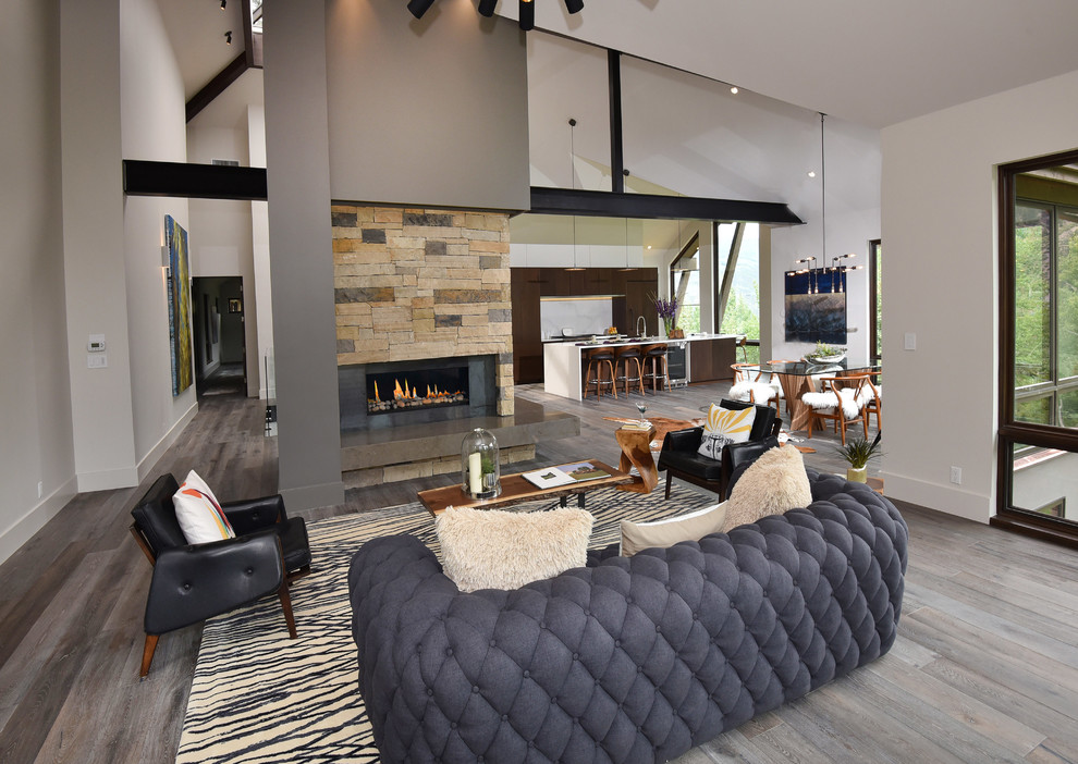 Large contemporary formal open plan living room in Denver with beige walls, light hardwood flooring, a standard fireplace, a stone fireplace surround and no tv.
