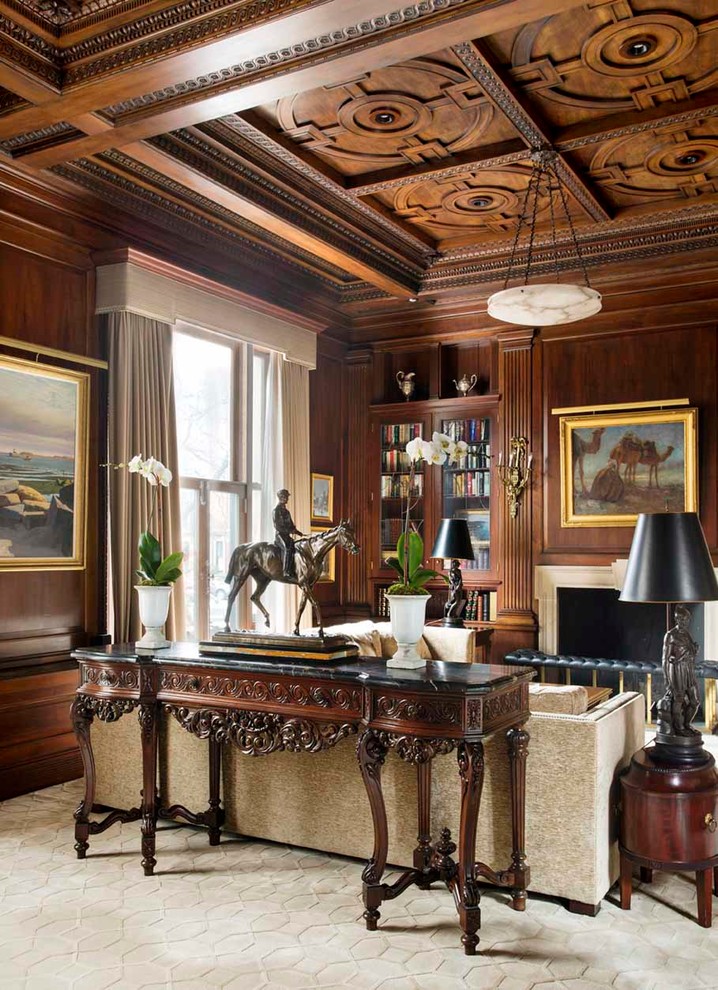 Foto di un soggiorno classico chiuso con sala formale e pareti marroni