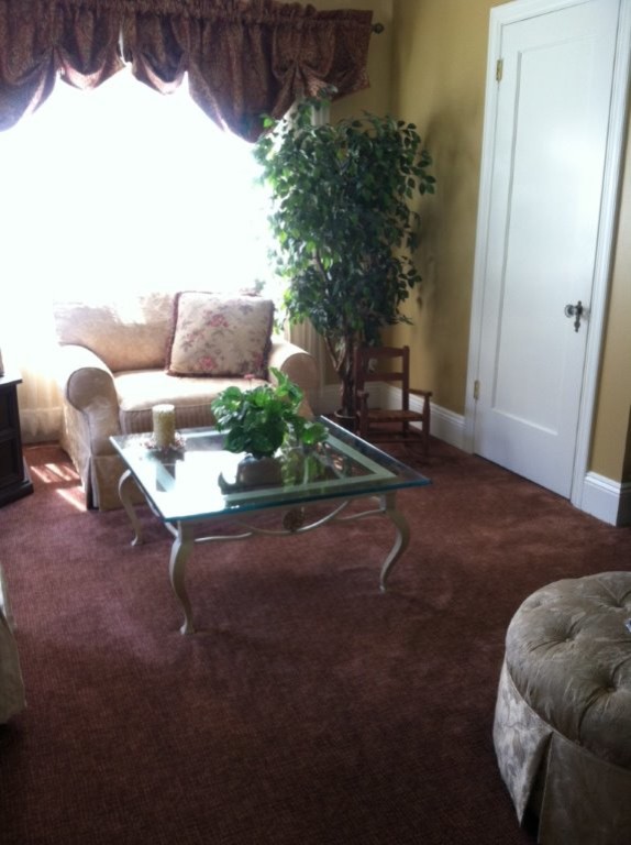Foto di un soggiorno tradizionale di medie dimensioni e chiuso con sala formale, pareti gialle, moquette, nessun camino e nessuna TV
