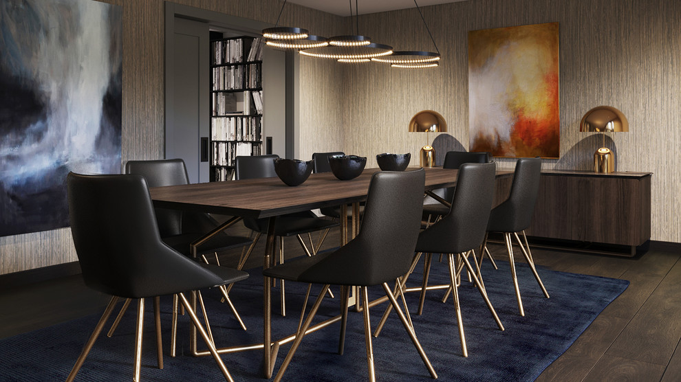 Immagine di una sala da pranzo aperta verso la cucina minimal di medie dimensioni con pareti con effetto metallico, pavimento in legno massello medio e pavimento marrone