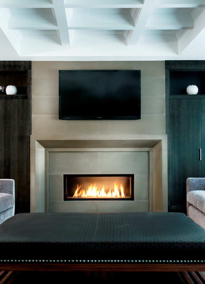 Inspiration for a large contemporary open concept dark wood floor and gray floor living room remodel in Toronto with a concrete fireplace, white walls, a standard fireplace and a wall-mounted tv