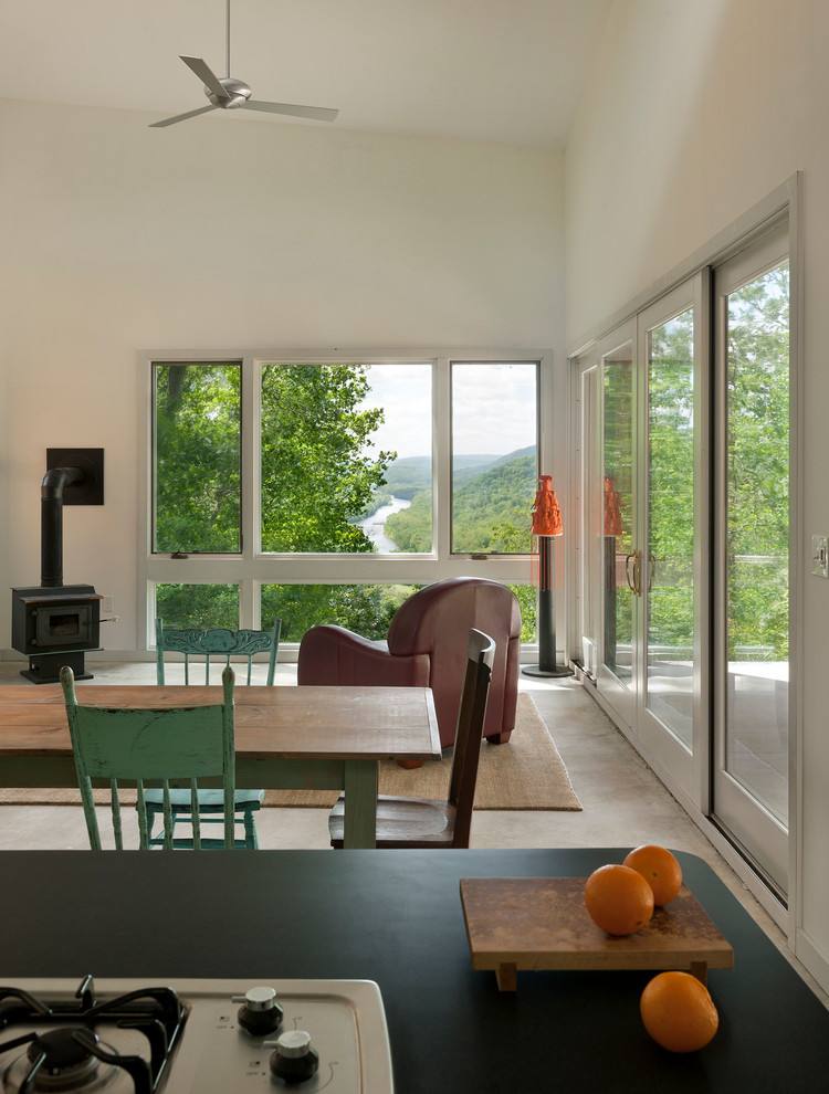 Immagine di un piccolo soggiorno contemporaneo aperto con pareti bianche, pavimento in cemento, stufa a legna e nessuna TV