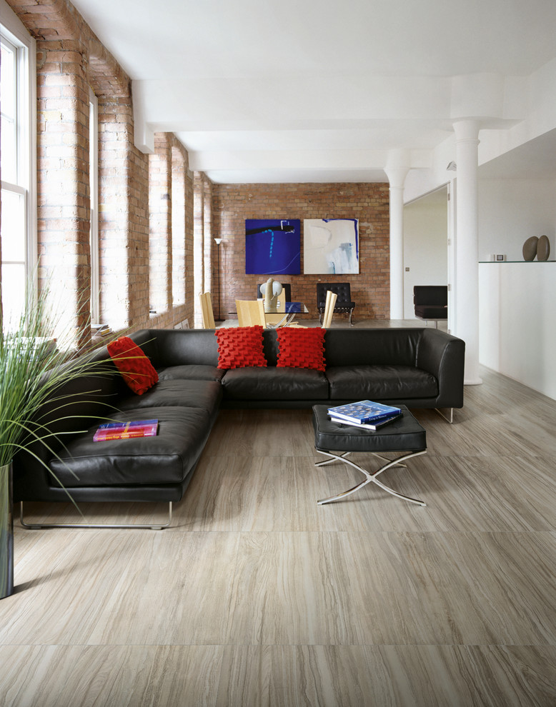 This is an example of a contemporary living room in Other with porcelain flooring.