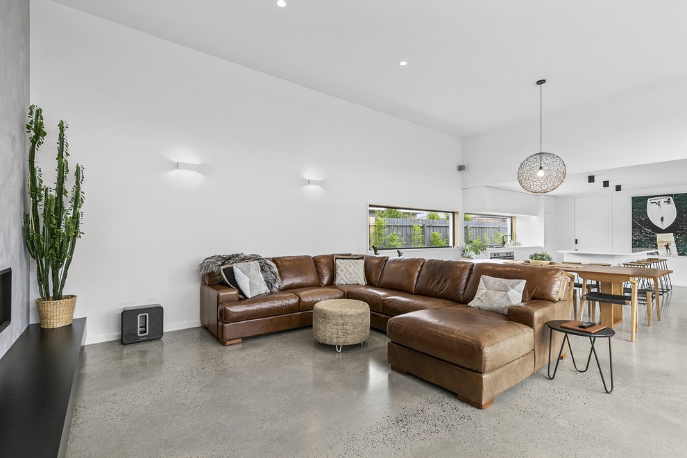 Foto di un soggiorno minimalista di medie dimensioni e aperto con pareti bianche, pavimento in cemento, camino classico, cornice del camino in cemento e TV a parete