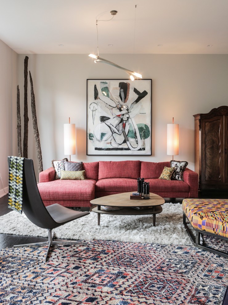Living room - contemporary dark wood floor living room idea in New York with white walls