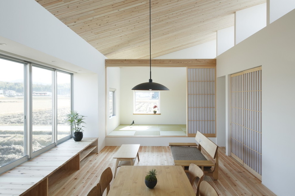 Idées déco pour un petit salon asiatique ouvert avec un mur blanc, parquet clair, un sol beige et un téléviseur indépendant.