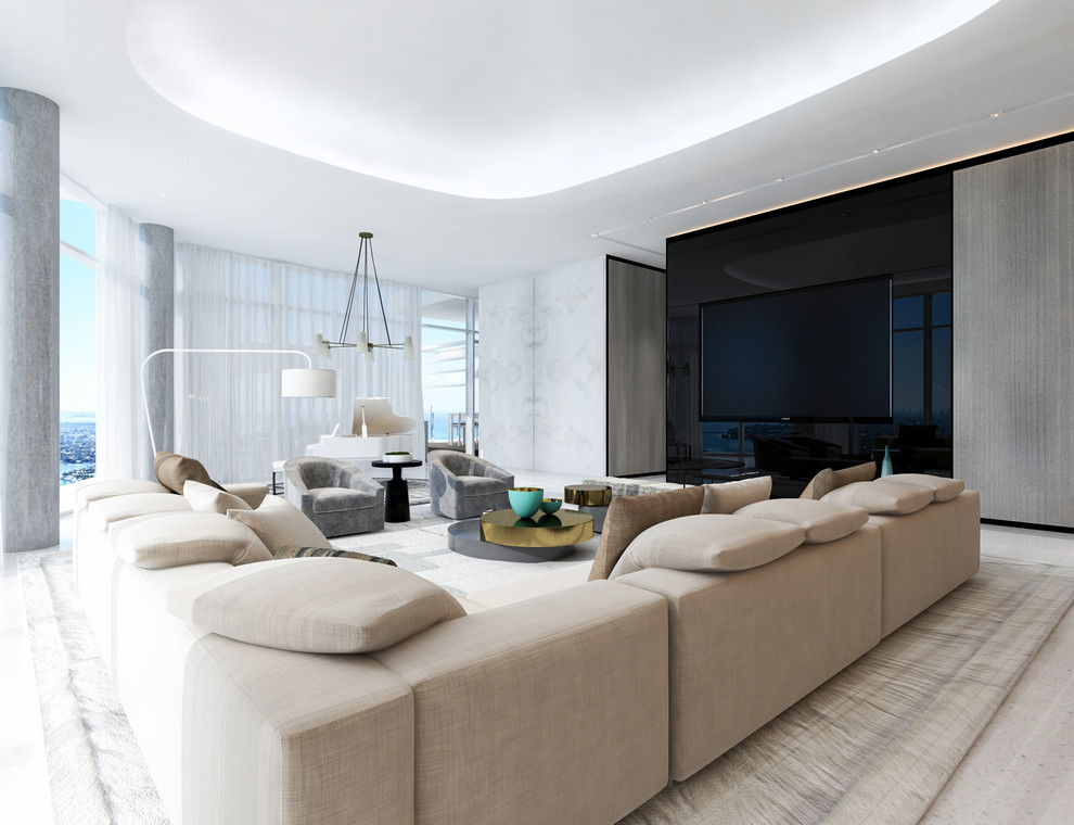 Diseño de salón para visitas abierto moderno extra grande con paredes grises, suelo de mármol, pared multimedia y suelo blanco