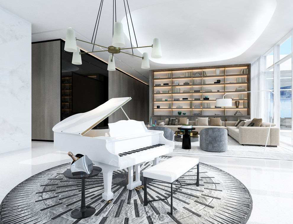 Ispirazione per un ampio soggiorno minimalista aperto con sala formale, pareti grigie, pavimento in marmo, parete attrezzata e pavimento bianco
