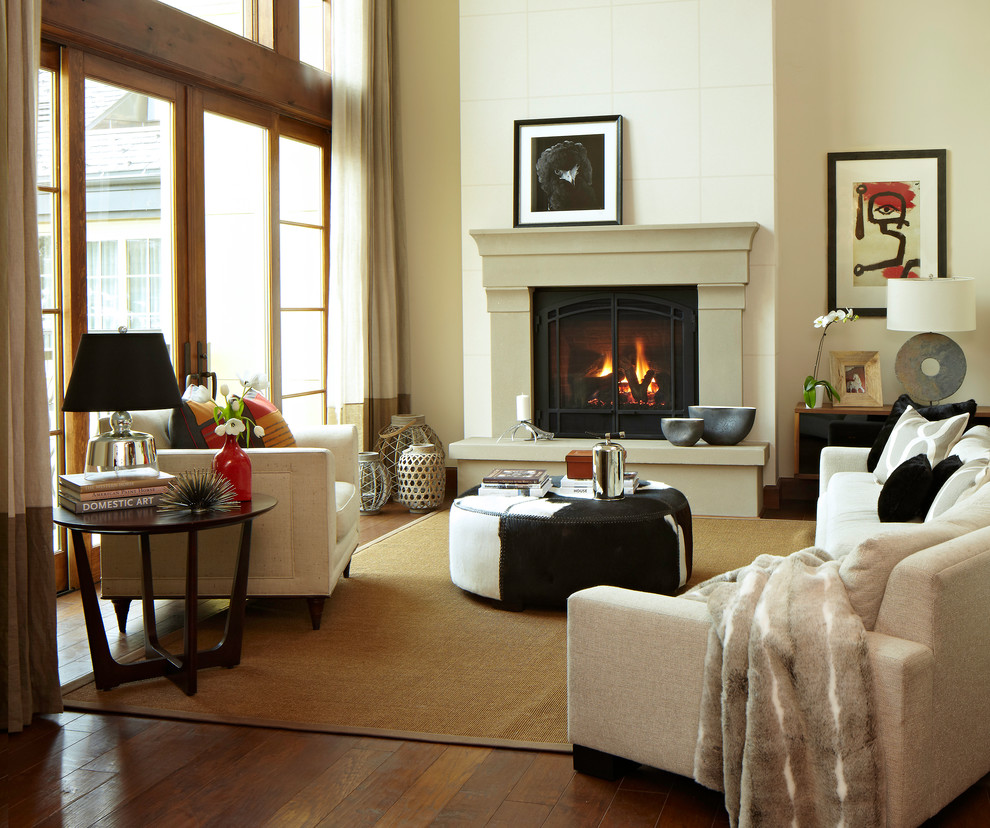 Mid-sized mountain style formal dark wood floor and brown floor living room photo in Denver with white walls, a ribbon fireplace and a stone fireplace