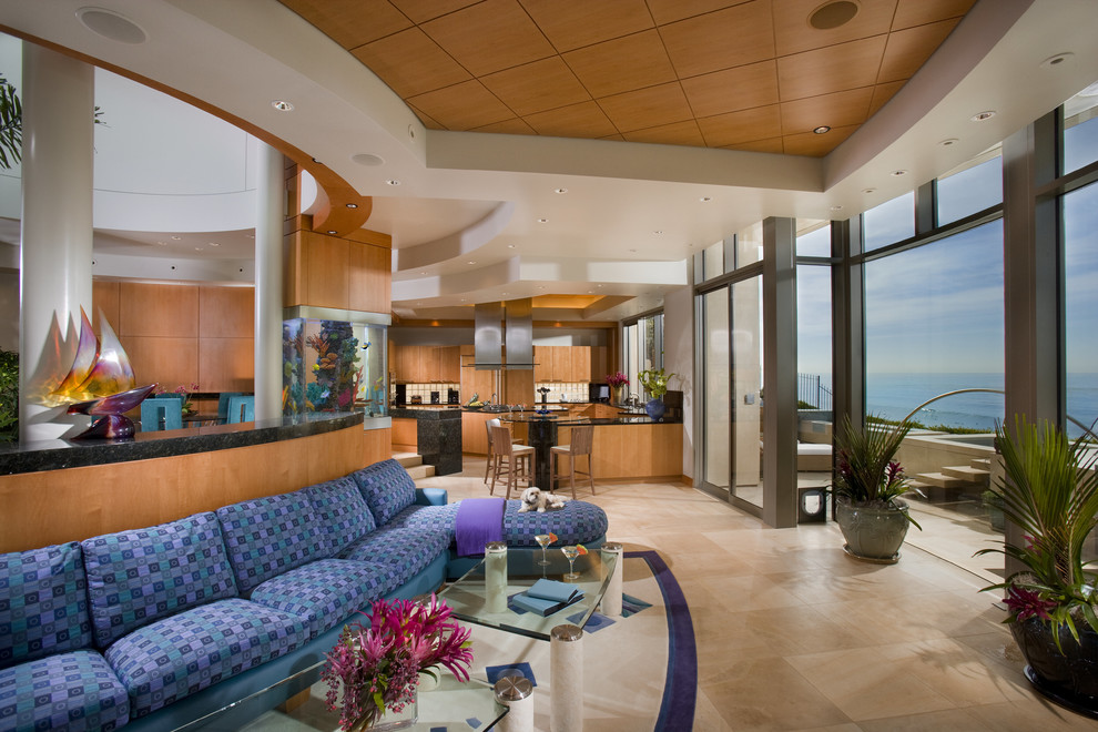 This is an example of a contemporary open plan living room in Orange County.