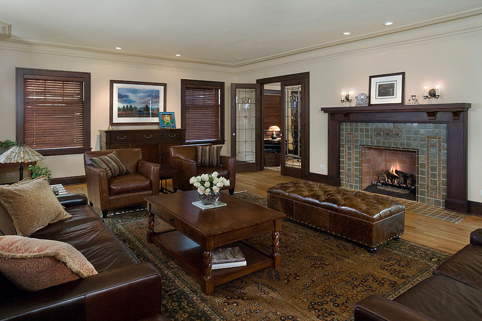 Inspiration for a timeless living room remodel in Chicago with a tile fireplace